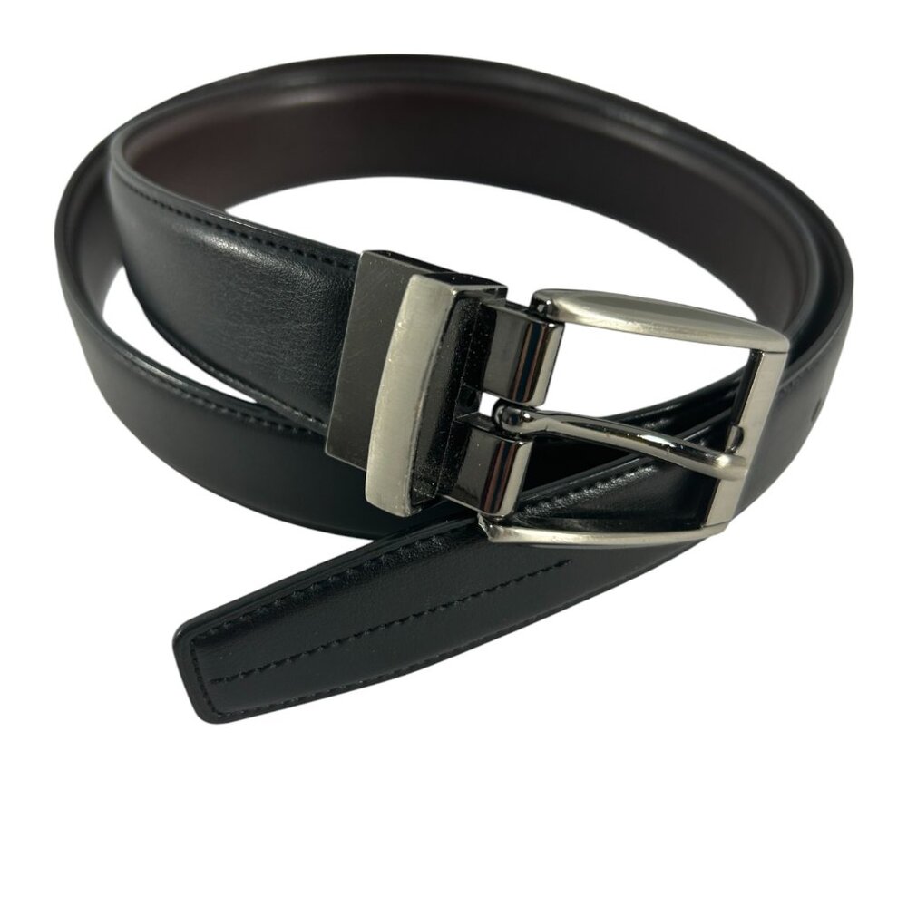 Faux Leather Dress Belt Silver Tone Buckle Reversible Brown Black Mens 32/34